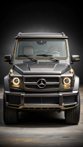 Gwagon mercedes benz la marca reemplazarla por letra KM, color gris oscuro mate, fondo negro exivido, personalizado capó, rines dorados