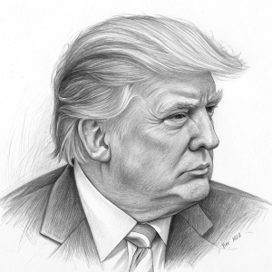 Sketch of Donald Trump. Pencil drawing with focus on his distinctive hairstyle and facial features.