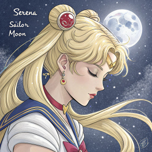 A detailed illustration of Serena, Sailor Moon. Starry night background, serene expression, blonde hair flowing, delicate features, artist's signature