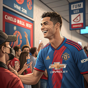 Cristiano Ronaldo at a fan meet-and-greet. Wearing a fitted blue and red team jersey with sponsor logos. Cheerful demeanor.