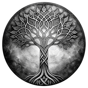 Nordic yggdrasil –  high-definition design grey and black, realistic tattoo design, white background