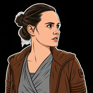 Digital portrait of Rey from Star Wars. She wears a brown jacket over a gray top. Hair in a bun. Wears minimal makeup. Set against a plain black backdrop. Outlined in bold black lines. Limited color palette. Highly detailed and expressive.