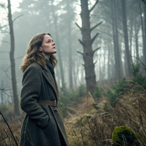 Caitlin Clarke, the actress from 'Dragonslayer', standing alone in a mysterious forest. She wears a vintage wool coat. Her medium-length wavy hair flows gently in the breeze. Her serious expression captures the essence of solitude.