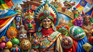 A vibrant collage of diverse cultural symbols, including traditional clothing, flags, and artifacts, isolated on a white background, Studio portrait, Ultra-realistic, Cultural diversity, High-key portrait, Product photography, Soft light, No shadow, High-resolution rendering