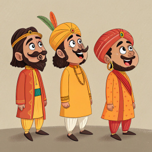 Cartoon illustration featuring main characters from Thugs of Hindustan. Each character wears traditional Indian attire, standing in a line. Neutral background.
