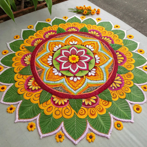 Onam Flower rangoli design with intricate mandala patterns in vibrant colors. Handcrafted on traditional parchment.