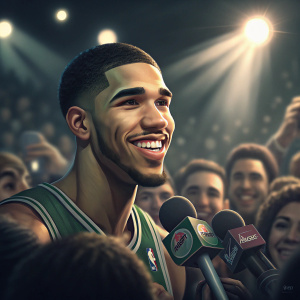 Jayson Tatum, NBA player, smiling at a press conference. Bright lights, crowd blurred in background.