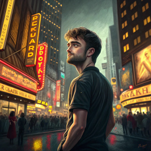 Daniel Radcliffe, Caucasian actor with stubble, wearing a dark t-shirt, poses in Times Square. Bright lights, yellow and red signs, festive atmosphere.