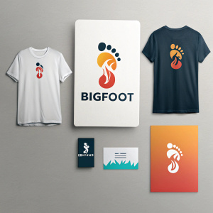 Design mockup showcasing 'Bigfoot' logo. Vibrant color palette and minimalist footprints. Featured on business cards, t-shirts, and posters.