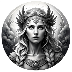 Freya - Nordic Goddess perfect realistic art, high-definition grey and black, white background tattoo design