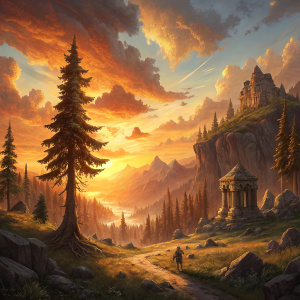 A majestic screenshot from World of Warcraft. Golden sunset paints the sky with warm hues. Rugged terrain, ancient ruins, and towering pine trees dot the landscape. The scene is both detailed and fantastical, offering a breathtaking view of a serene fantasy world.