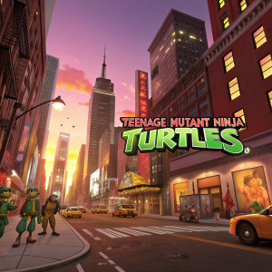 Bustling cityscape from Nickelodeon's Teenage Mutant Ninja Turtles show. Warm colors, 3D cartoon style. Teenage Mutant Ninja Turtles logo visible