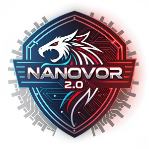 Digital art of the Nanovor 2.0 logo. A dynamic and fierce design with interwoven circuit patterns. The logo features bold, vibrant colors including red, blue, and metallic hues. The background is a stark white canvas.