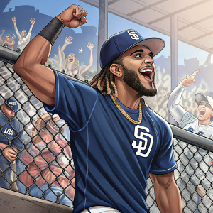 Fernando Tatis Jr., joyful and muscular, standing by a chain-link fence. Fans in the background. San Diego Padres logo on blue shirt and cap
