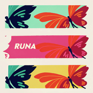 Three vibrant logo designs for Runa brand. Each logo features a sleek winged figure silhouette. The color palette is bold with shades of black and red. Runa text is artfully integrated. The layouts are clean and modern.