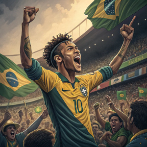 Neymar Jr., celebrating a goal with arms raised, ecstatic face, surrounded by fans at a soccer stadium.