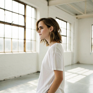 Emma Watson, dressed in a casual white t-shirt, standing alone in an empty studio. Floor to ceiling windows, natural daylight