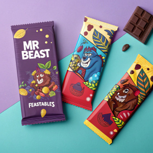 Multiple packaging designs for Mr Beast Feastables featuring a vibrant mix of purple, blue, yellow, and red. Illustrations of chocolate bars adorned with the 'Mr Beast Feastables' logo. Background split into purple on the left and teal on the right, creating a visually appealing and attention-grabbing design that highlights the unique and indulgent nature of the product.