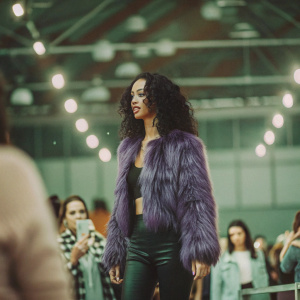 Draya Michele, at a bustling beauty expo, donning a vibrant purple fur jacket paired with sleek black pants. Bright lights and excited crowds in the background.