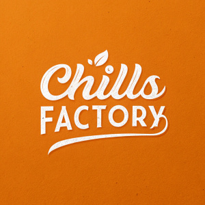 Creative digital artwork of the Chills Factory logo. Text in white cursive style on a bright orange background.