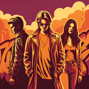 Austin Butler, Will Peltz, and Kenya Kinski on the set of a trendy fashion shoot. Vibrant, multicolored graffiti background.