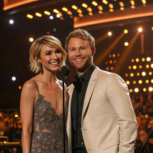 Chelsea Kane and Brian Littrell, both smiling, at a country music awards. The stage is lit with warm, golden lights.