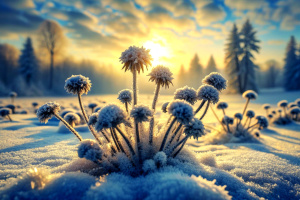 Winter season outdoors landscape, frozen plants in nature on the ground covered with ice and snow, under the morning sun