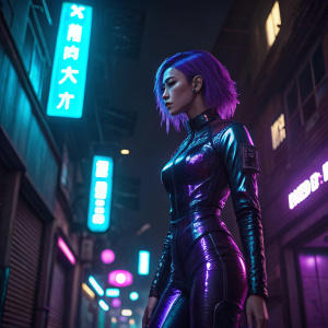 A cyberpunk heroine in a metallic bodysuit with neon purple hair. She's standing in a dimly lit alleyway, surrounded by neon signs and holograms.