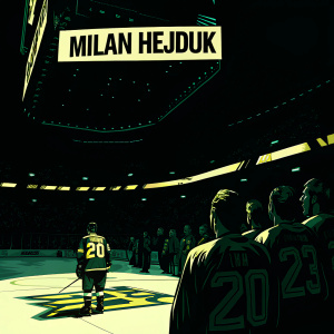 Milan Hejduk's jersey retirement ceremony. Celebratory banner at hockey rink. Fans and players in attendance.