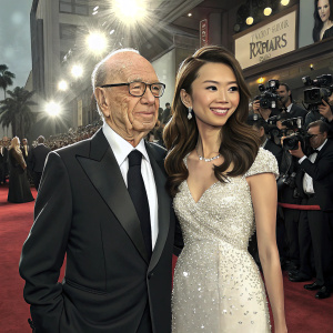 Rupert Murdoch and Wendy Deng at the 'Les Miserables' premiere. He in black suit, she in sparkling white gown. Crowded red carpet with flashing cameras.