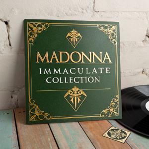 Madonna's 'Immaculate Collection' album cover. Green background, golden logo, price tag on right