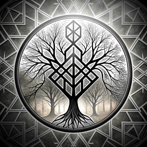 vegvisir geometric symbols - ragnar and trees - tattoo design - perfect realistic art - high-definition - grey and black - white background 