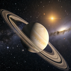 Saturn, a giant gas planet, is captured with its extensive ring system. The planet is illuminated with a soft glow against a backdrop of the vast, star-studded cosmos.