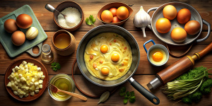 Showcase the step-by-step process of whisking eggs, sautéing potatoes, and folding in onions, highlighting the meticulous preparation required for the perfect Spanish Omelet.