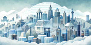 White illustration, Wes Anderson aesthetics style, 
surreal collage of many complex metal steely sophistic buildings and a lot of bridges, parks and squares, the bigest ocean and more cloudy sky, gain paper
