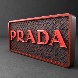 Three-dimensional Prada logo, bold and red, against a dark grey background. Grid-like pattern adding depth and texture.