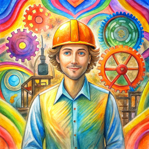 persona adulta en un trabajo en la industria como ingeniero spiritual colored art