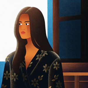 Close-up of Shin Se-Kyung, Korean actress. She wears a black silk blouse with gold floral embroidery. She stands in a dimly lit room with wooden furniture, focused expression. Long dark brown hair cascades over her shoulders.