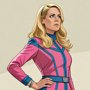 Lana Kane from Archer, the FX show on Hulu. Blonde hair, serious expression. Pink and blue costume