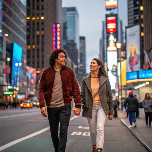 Guillermo Ochoa and Karla Mora, strolling through a bustling city street, amid towering skyscrapers and flashing neon lights.