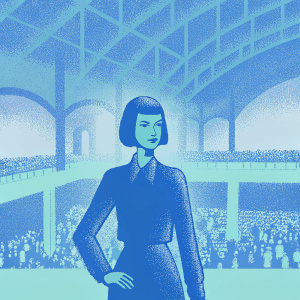 Actress Aubrey Plaza, sporting a sleek bob haircut and a navy blue blouse, stands out in a crowded convention center.