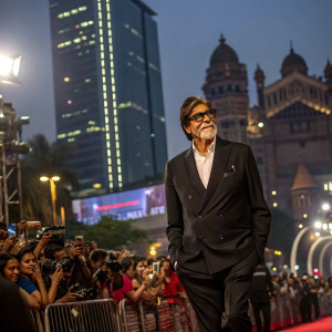 Amitabh Bachchan, dressed in a dark suit and white shirt, poses confidently at a promotional event in bustling Mumbai.