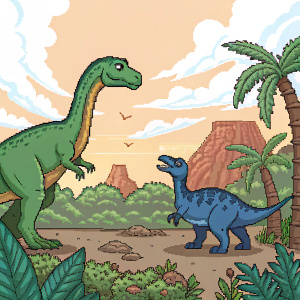 Digital illustration in a Minecraft-style pixel art format. Stone Age setting with prehistoric creatures. Two dinosaurs: a large green one and a smaller blue one. Focus on the interaction between the dinosaurs.