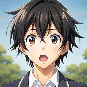 Un chico anime de pelo negro, con cara de que! paso aquí!