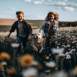 A glorious picture of 2 children and their Dog playing in a field of flowers