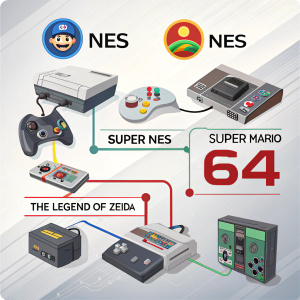 A timeline showcasing the evolution of Nintendo consoles from NES to N64, highlighting key game releases.