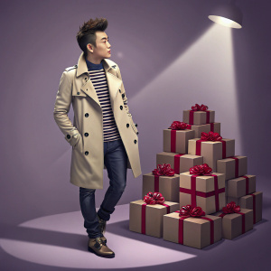 Bosco Wong, young Chinese actor, standing in a trendy fashion shoot. Modern hairstyle, soft light, purple background. Spotlight on him. Wearing a beige trench coat, striped shirt, dark jeans. Beside him, a large pyramid of gift boxes with red ribbons.