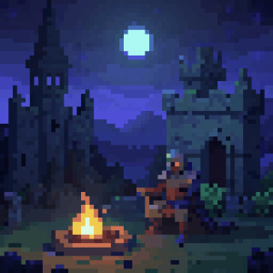 pixel art style, knight sitting by the campfire, dark night, moon, dark fantasy, ruined castle, cemetery