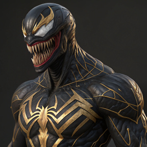 3D rendering of Spider-Man's arch-nemesis, Venom. Character designer uses software tools to enhance Venom's menacing look, sharp teeth, and intricate black and gold skin pattern.