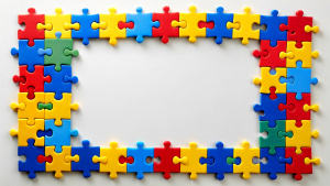 Blue, yellow, red pieces of puzzle frame on white background. World autism awareness day concept. Top view, copy space